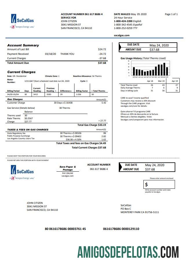 imprimível Modelo de conta de serviços públicos de gás SoCal dos EUA, Califórnia, em formato Word e PDF